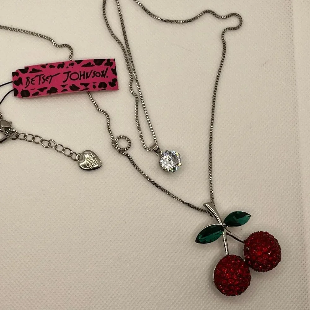 NECKLACE! Betsey Johnson Double Pendant Cherry Gemstone Necklace BNWT - Picture 3 of 5